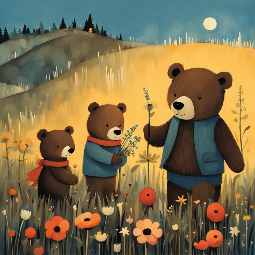 Teddy Bear Family Flower Picking: Storybook Illustration