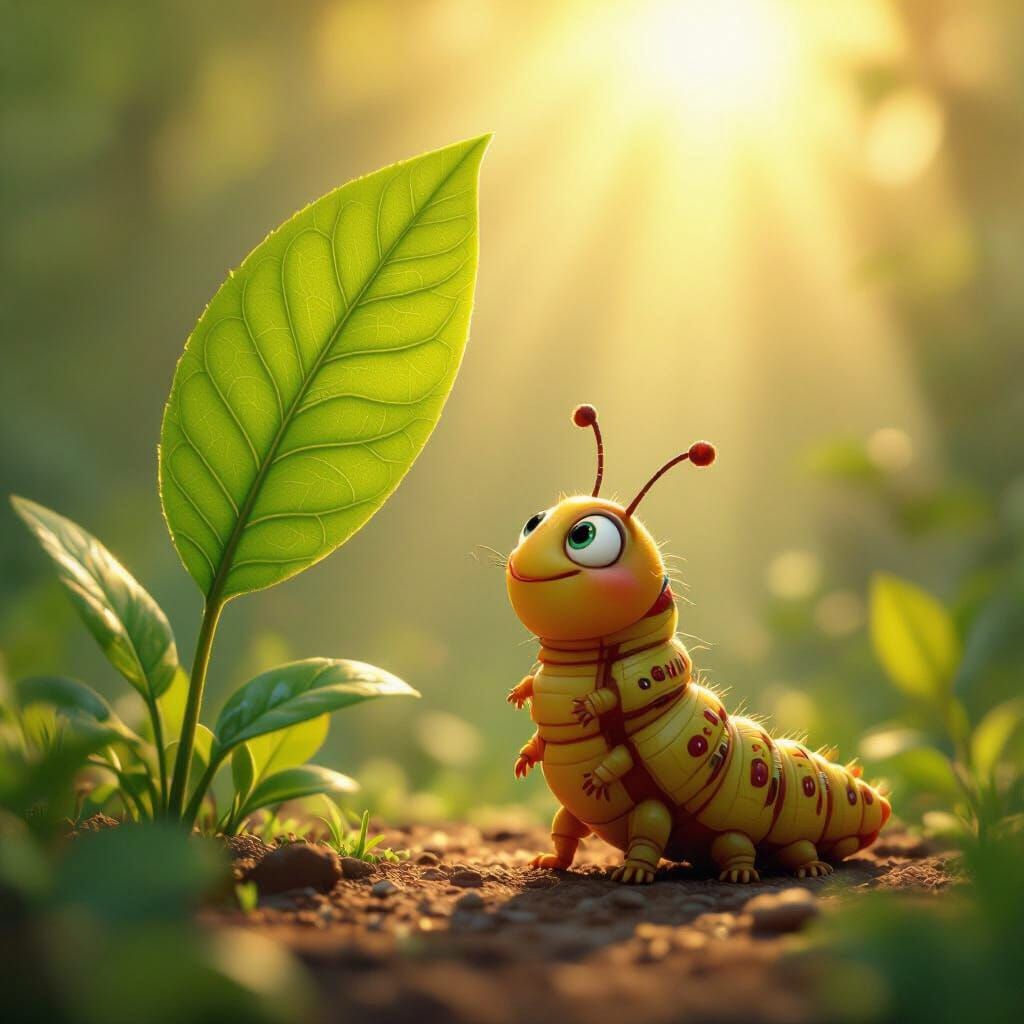 Caterpillar Gazing at Leaf: Disney-Pixar Style