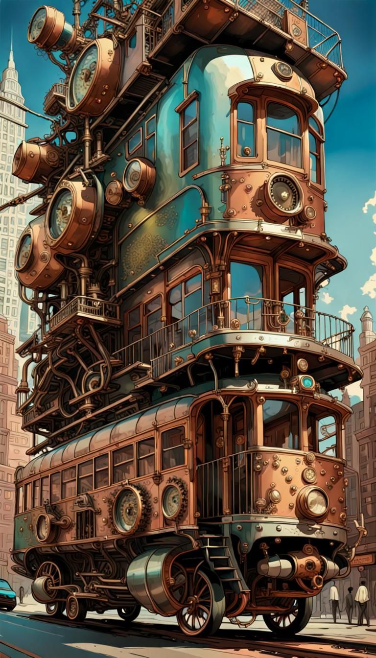 Steampunk Metropolis on Wheels: Intricate Ground-Level View