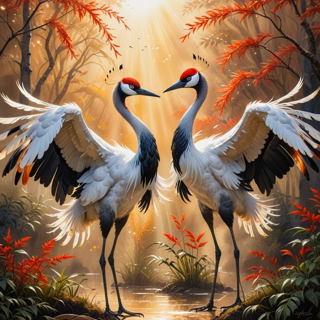 Dancing Red-Crowned Cranes in Watercolour