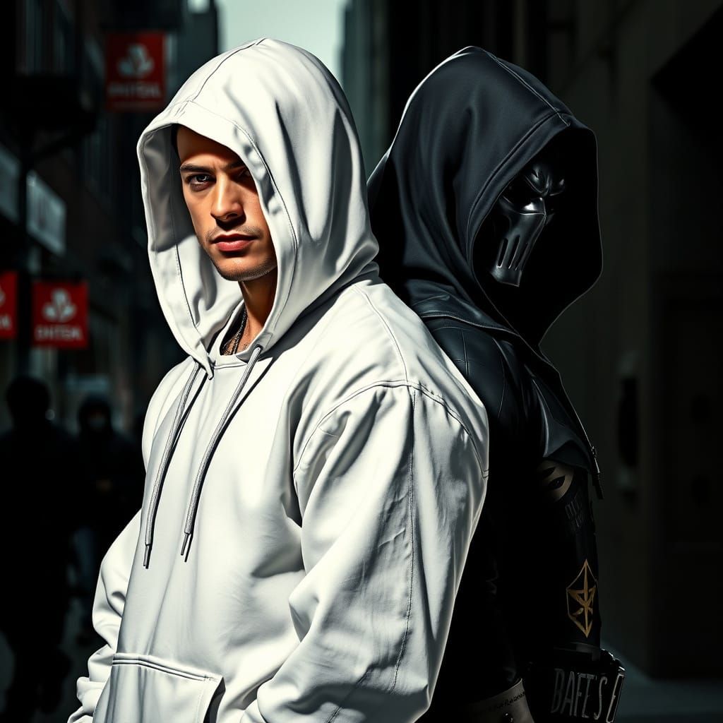 Gritty Hero and Villain Standoff in Urban Landscape