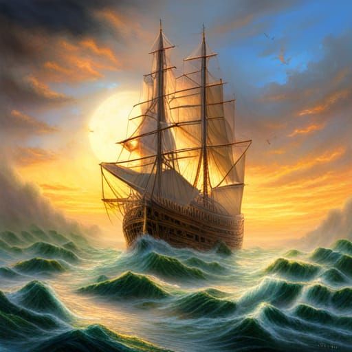 Ethereal Skull Ship in Misty Fantasy Landscape