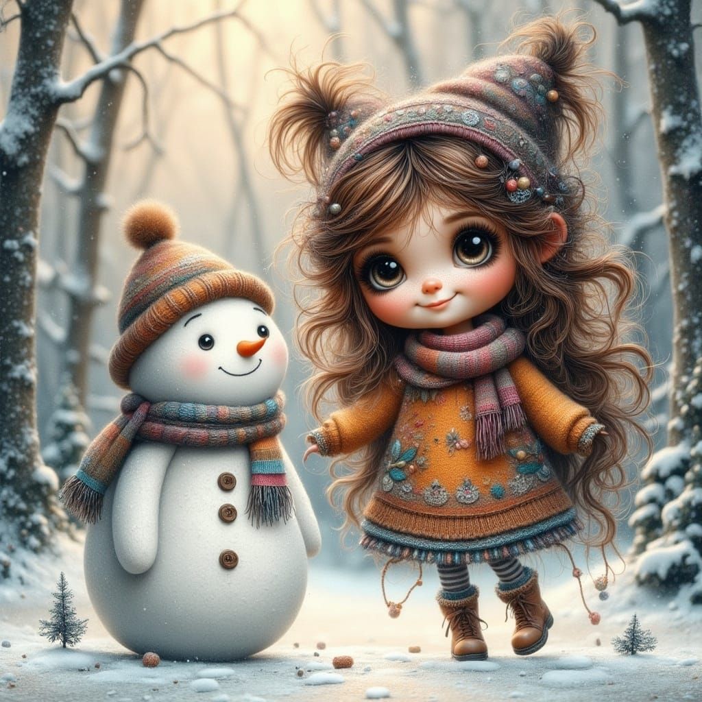Whimsical Girl and Snowman in Winter Forest