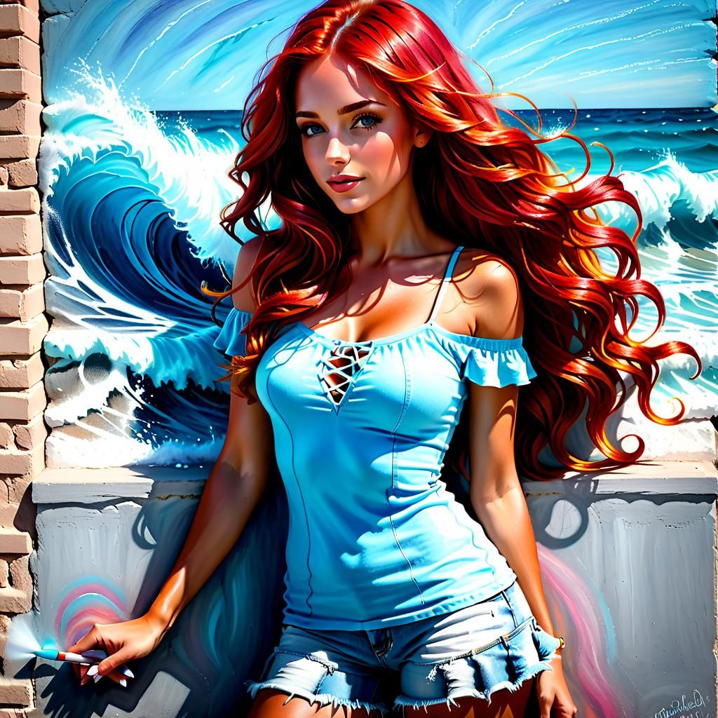 Vibrant Chalk Art: Beautiful Woman Near Beach