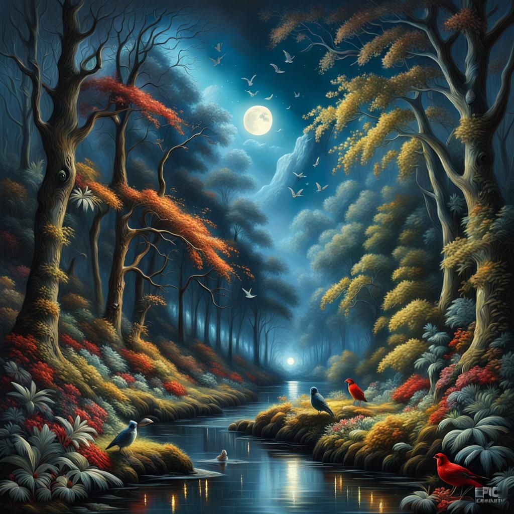 Majestic Woodland in Moonlight: Detailed Oil Painting