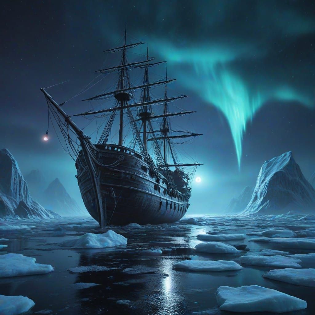 Frozen Ghost Ship Under Black Moon: Dark Fantasy Art