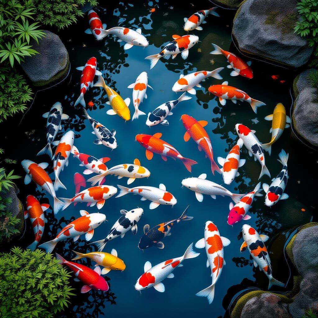Koi Swimming in a Japanese Zen Garden Pond