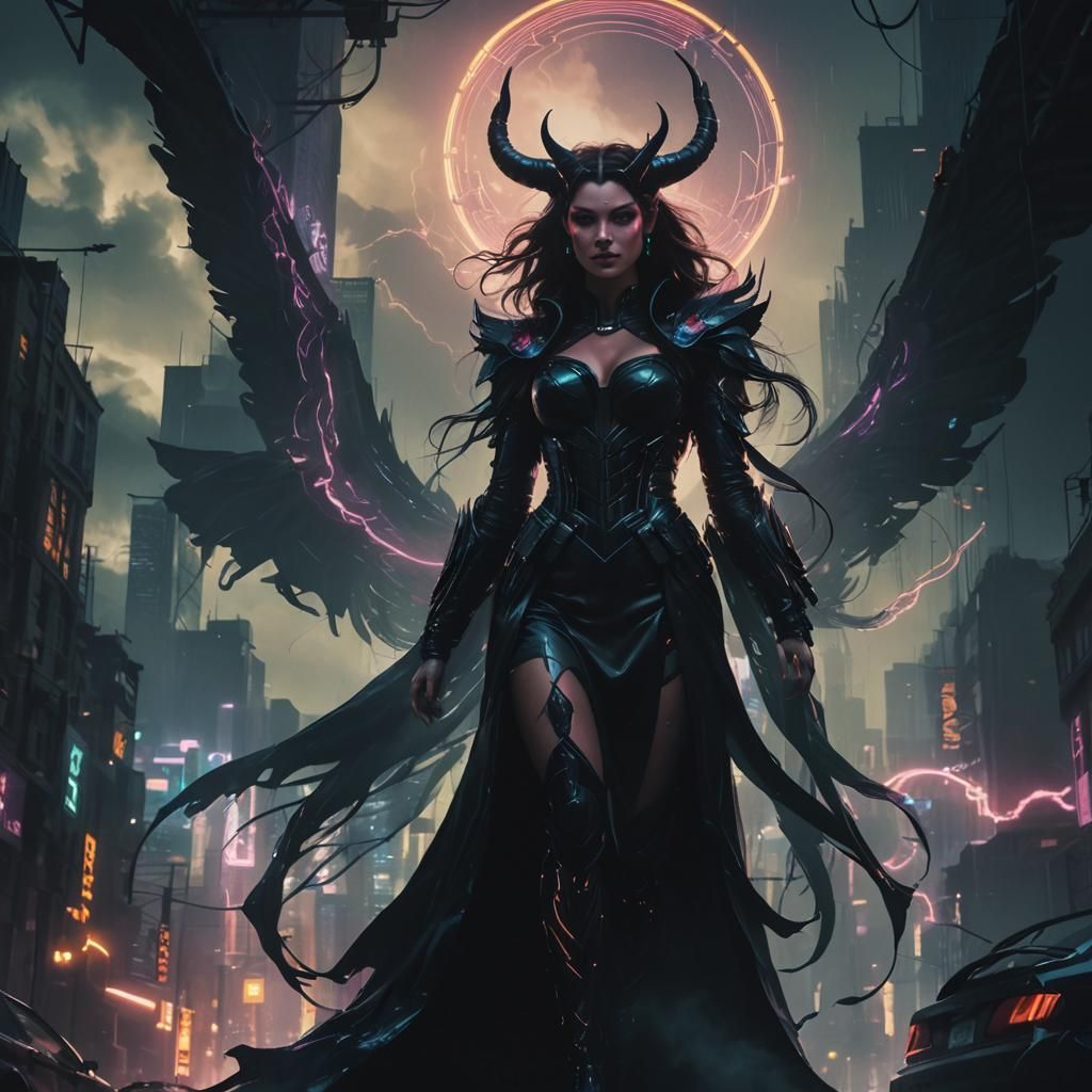 Neon Noir: Dark Feminine in Cyberpunk Cityscape