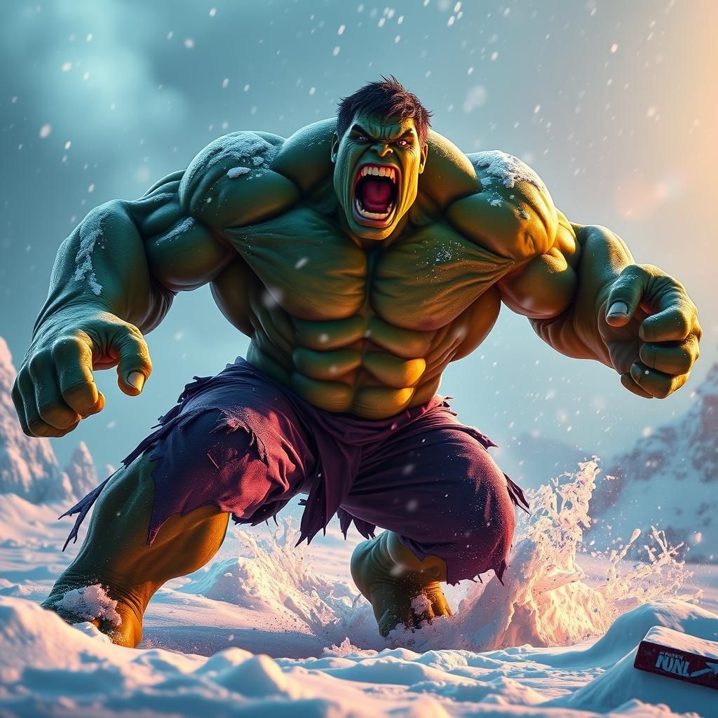 Hulk Roars in Frozen Landscape, Fantasy Concept Art