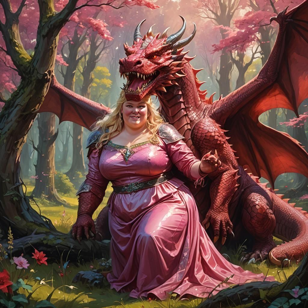 Red Dragon and Princess in Forest Meadow