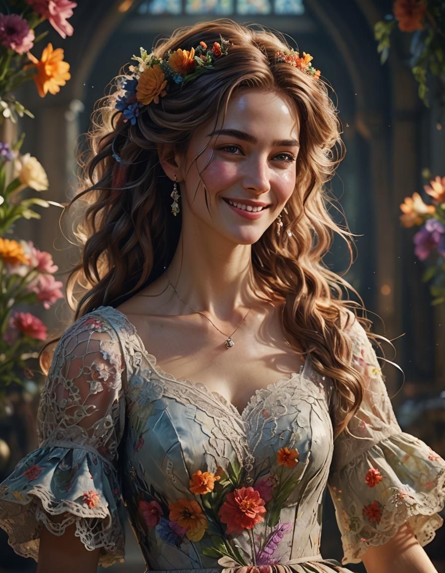 Ethereal Woman with Floral Dress: Concept Art