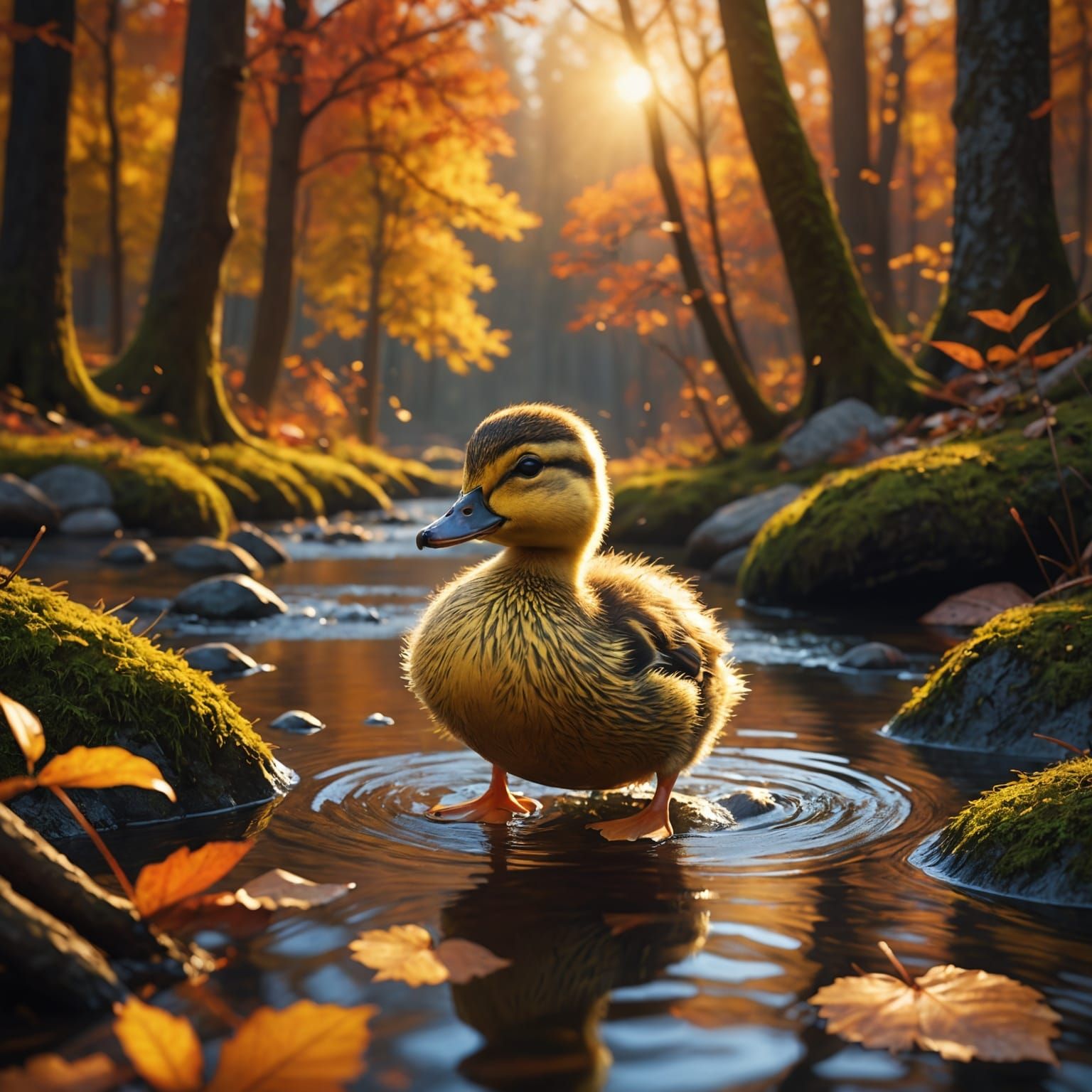 Photorealistic Duckling in Autumn Woods at Sunset