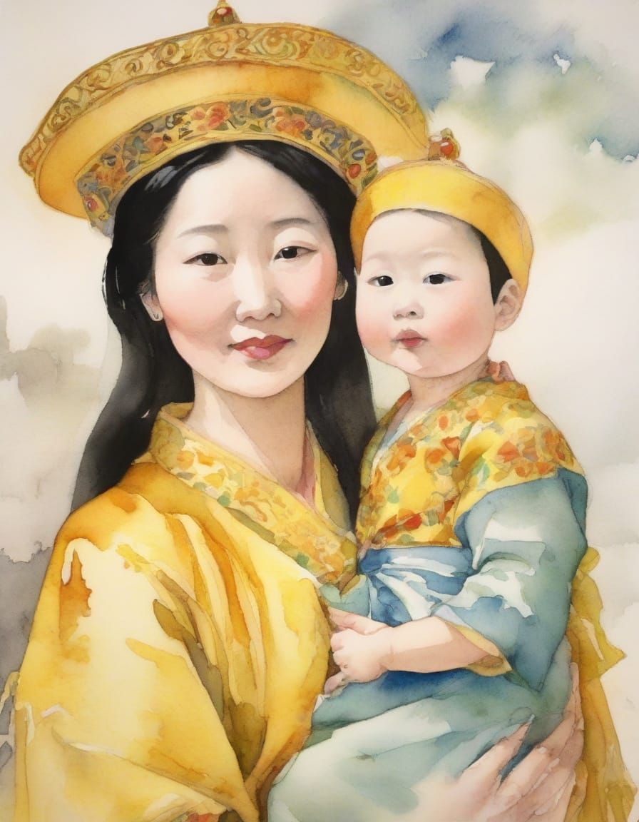 Chinese Empress with Baby in Watercolor Painting