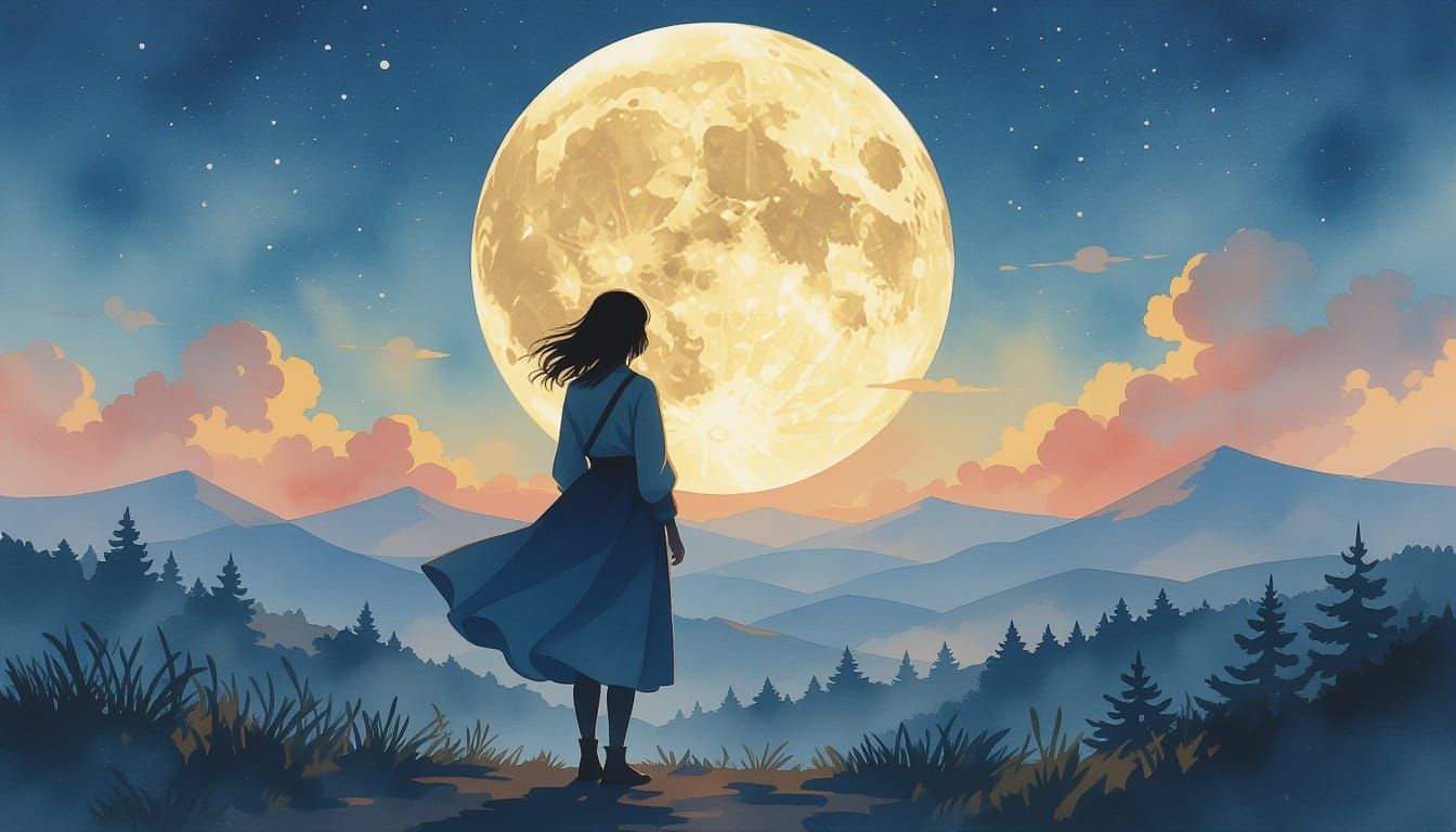 Girl on Moon Double Exposure in Gouache Style