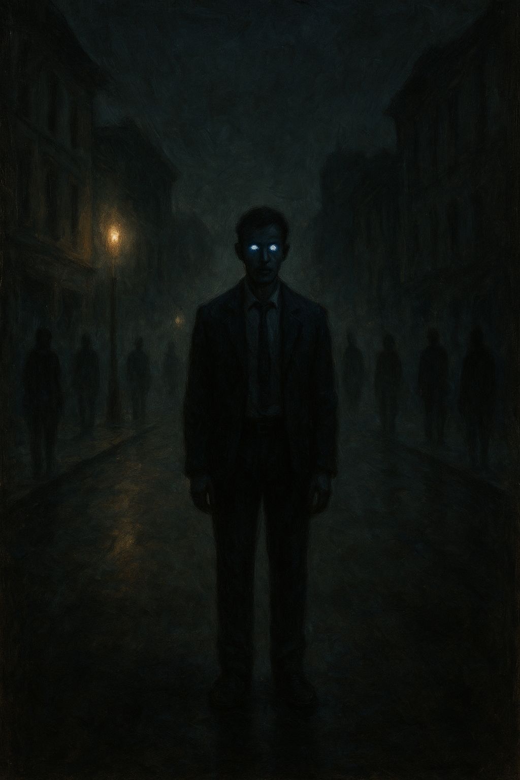 Surreal Expressionist Night Scene with Glowing Eyes