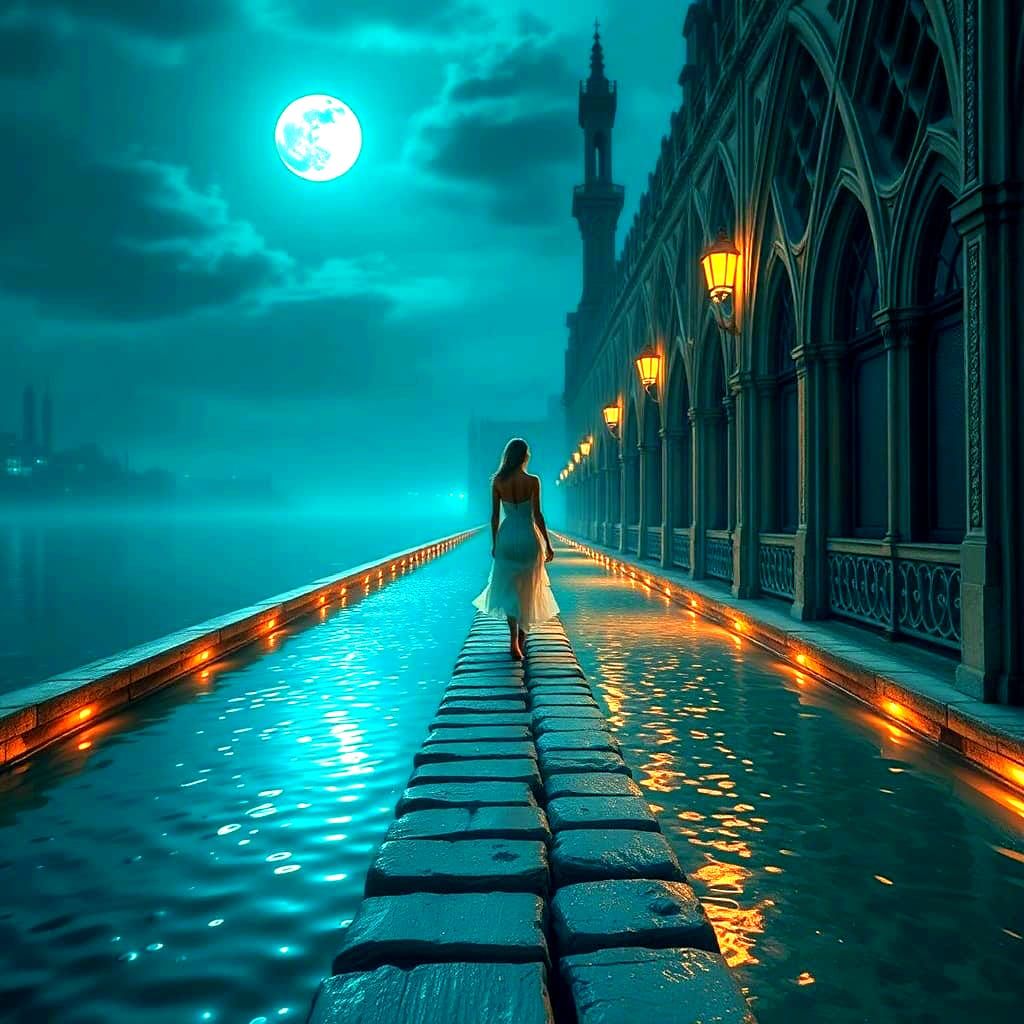 Moonlit Bridge Reflection in Water