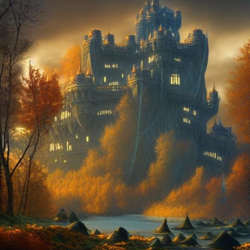 Fantasy Fortress Surrounded by Autumn Birch Trees