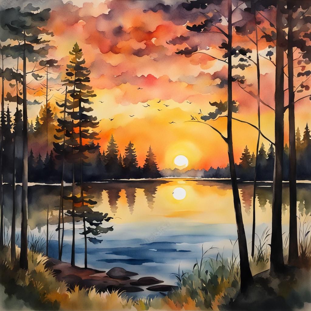 Sunset over the lake, forest background