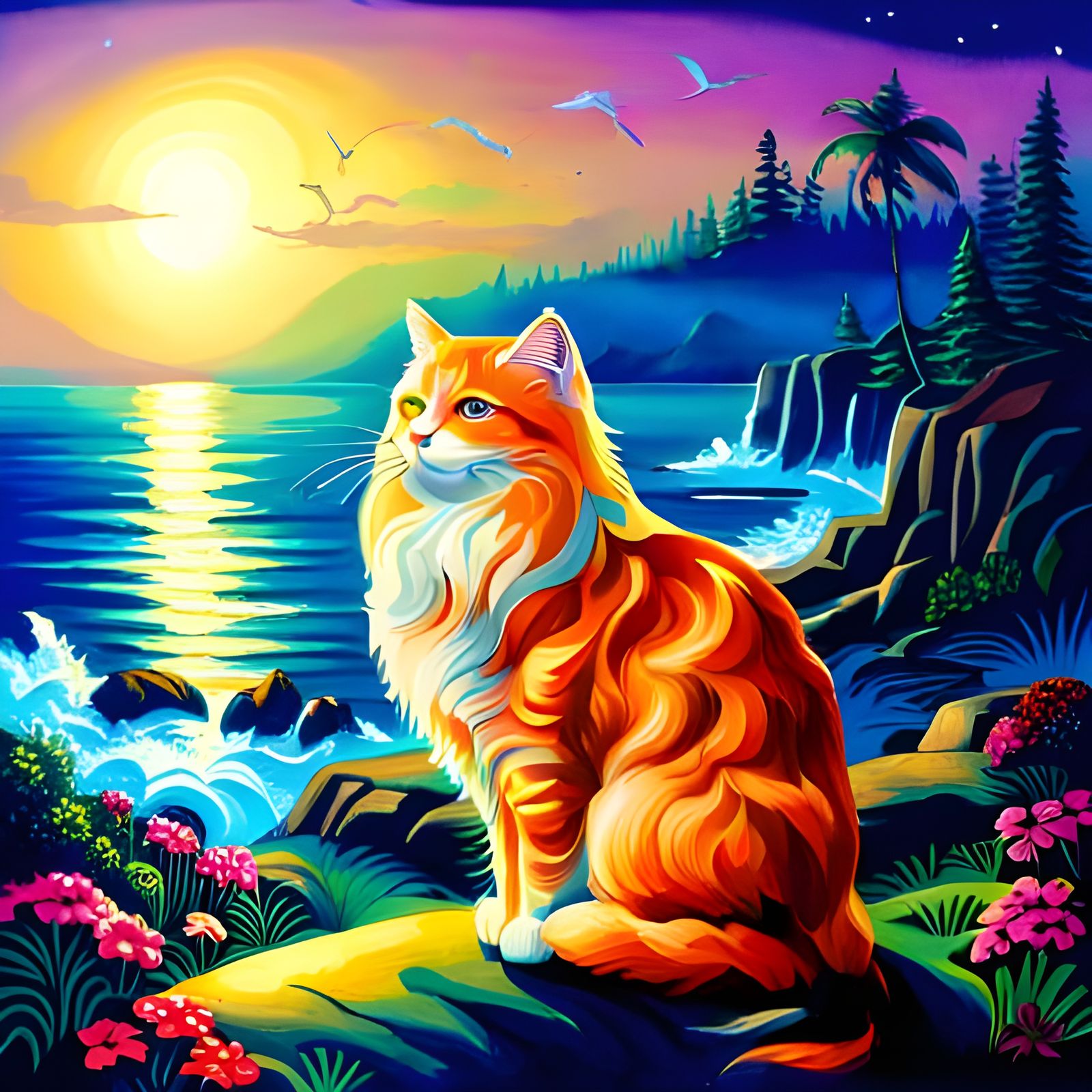 Majestic Cat Contemplates the Sea: A Digital Masterpiece