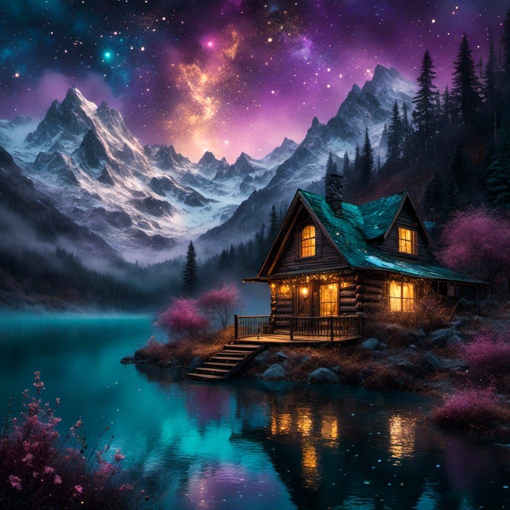 Snowy Mountain Cabin in a Starry Night Sky