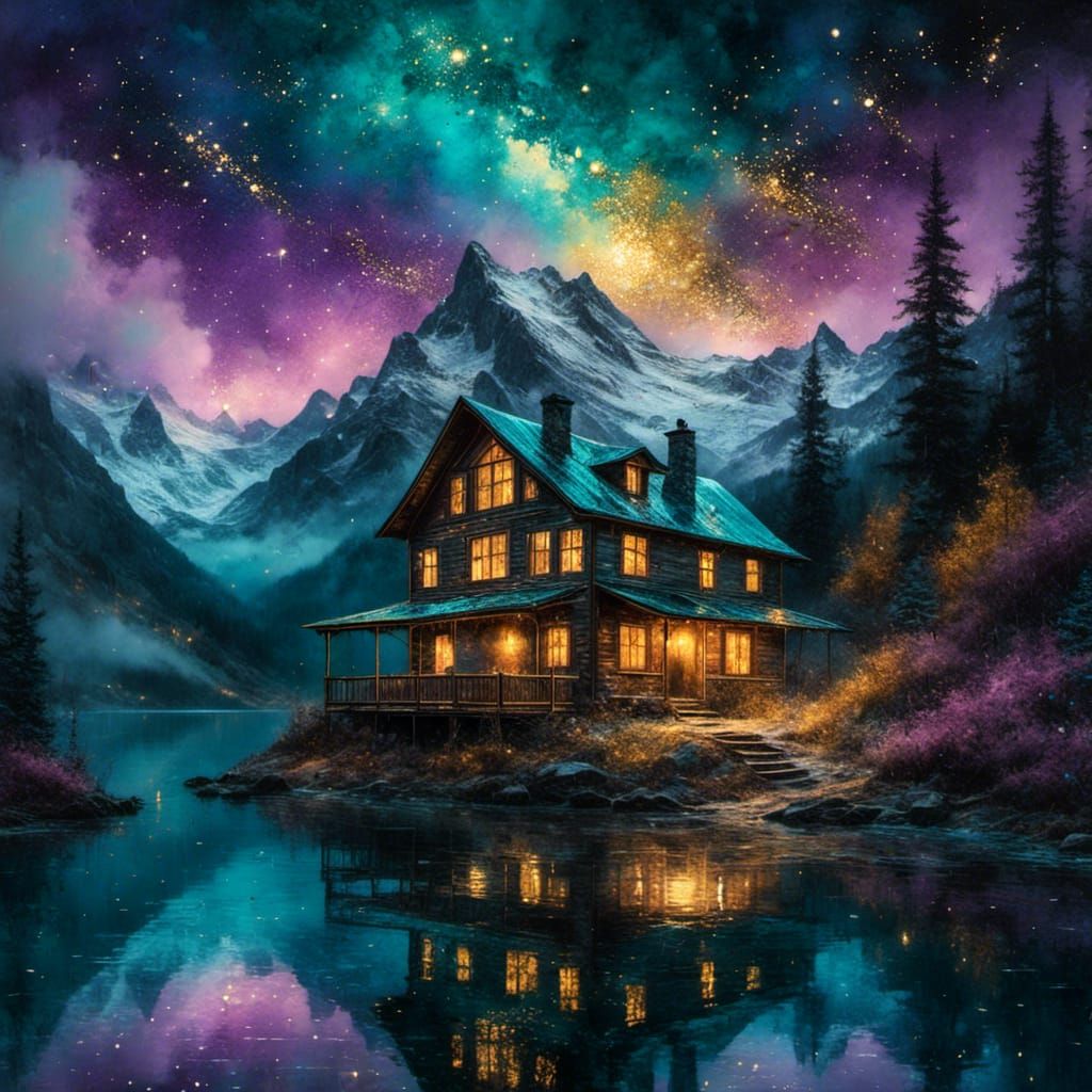 Snowy Cabin Under Galaxy Sky as Oil Painting