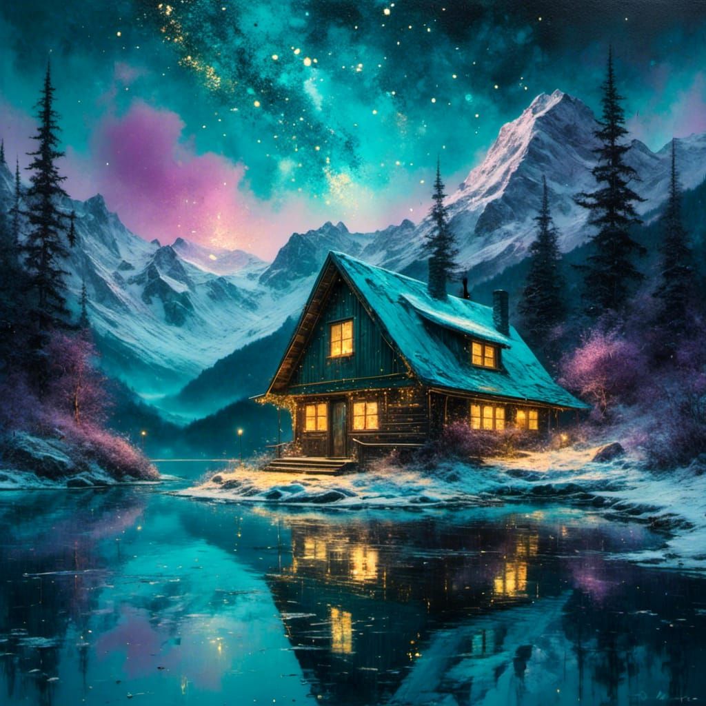 Snowy Cabin Under Galactic Sky: Hyper-Realistic Oil Painting