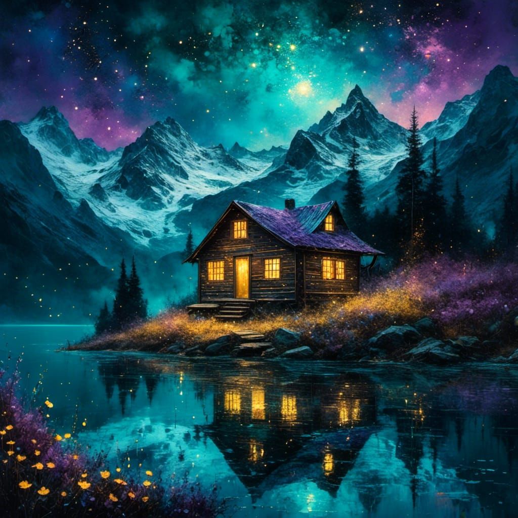 Snowy Mountain Cabin Under Galactic Sky, as Oil Painting