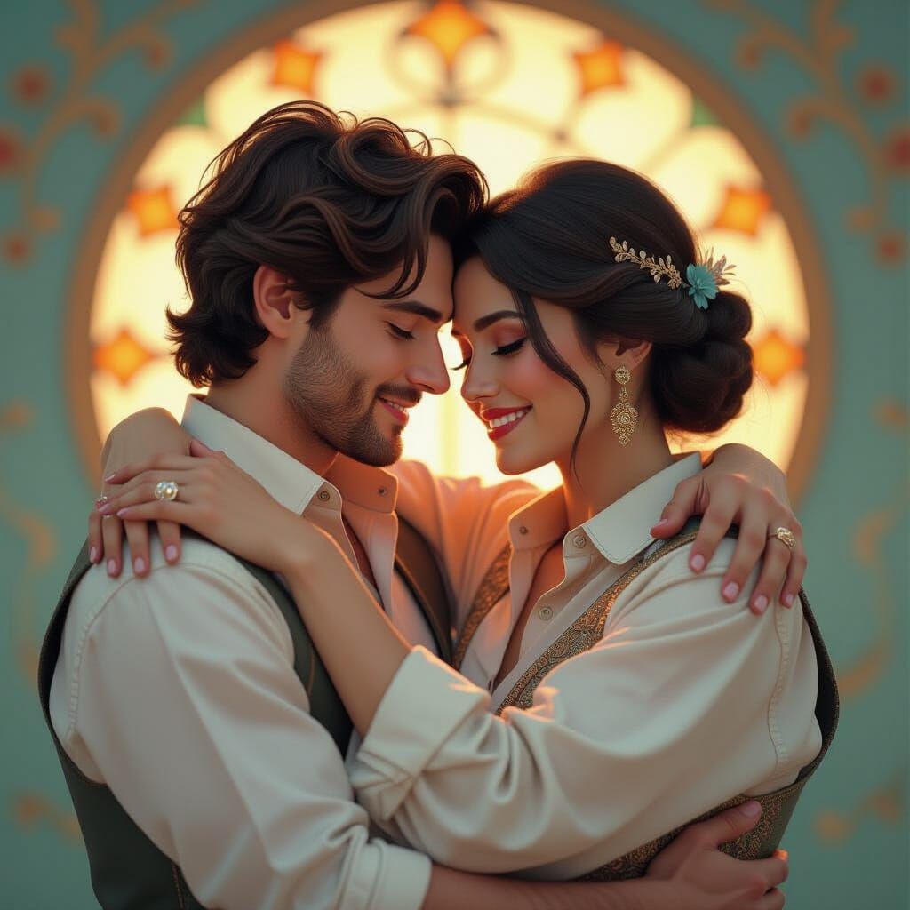 Gay Couple Embrace in Alphonse Mucha Style