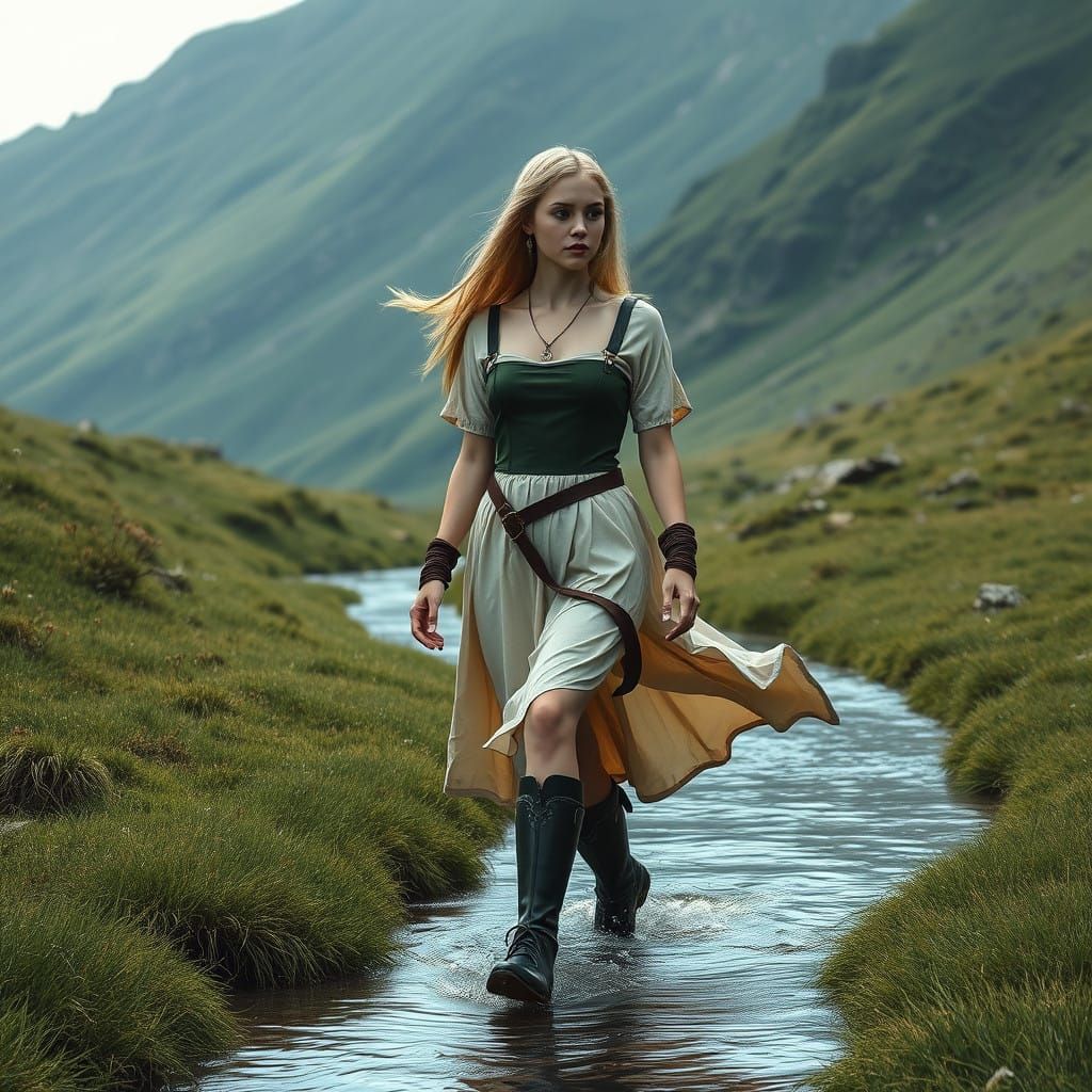 Medieval Maiden Walks in Serene Mountain Landscape