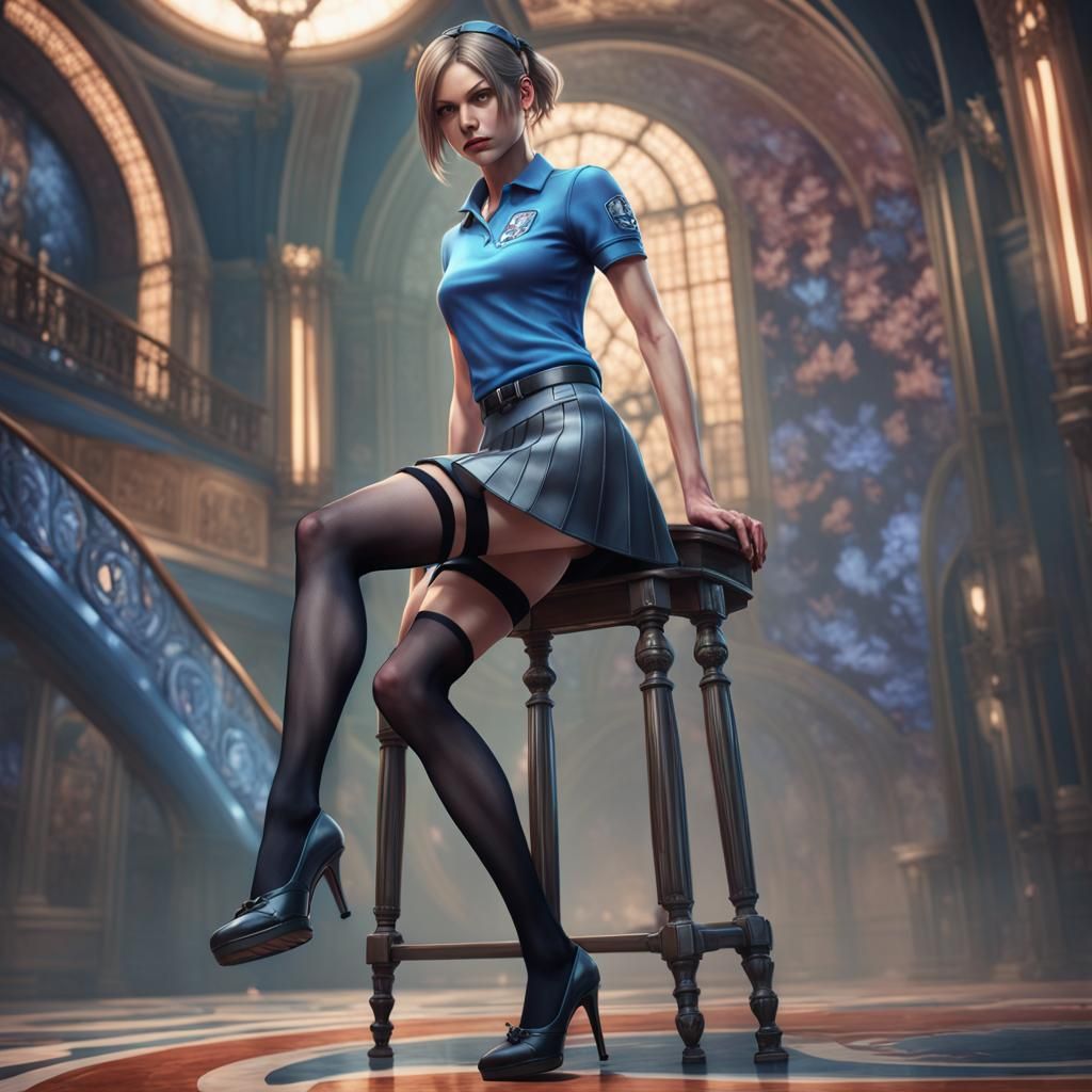 Jill Valentine with only two beautiful legs wearing miniskir...