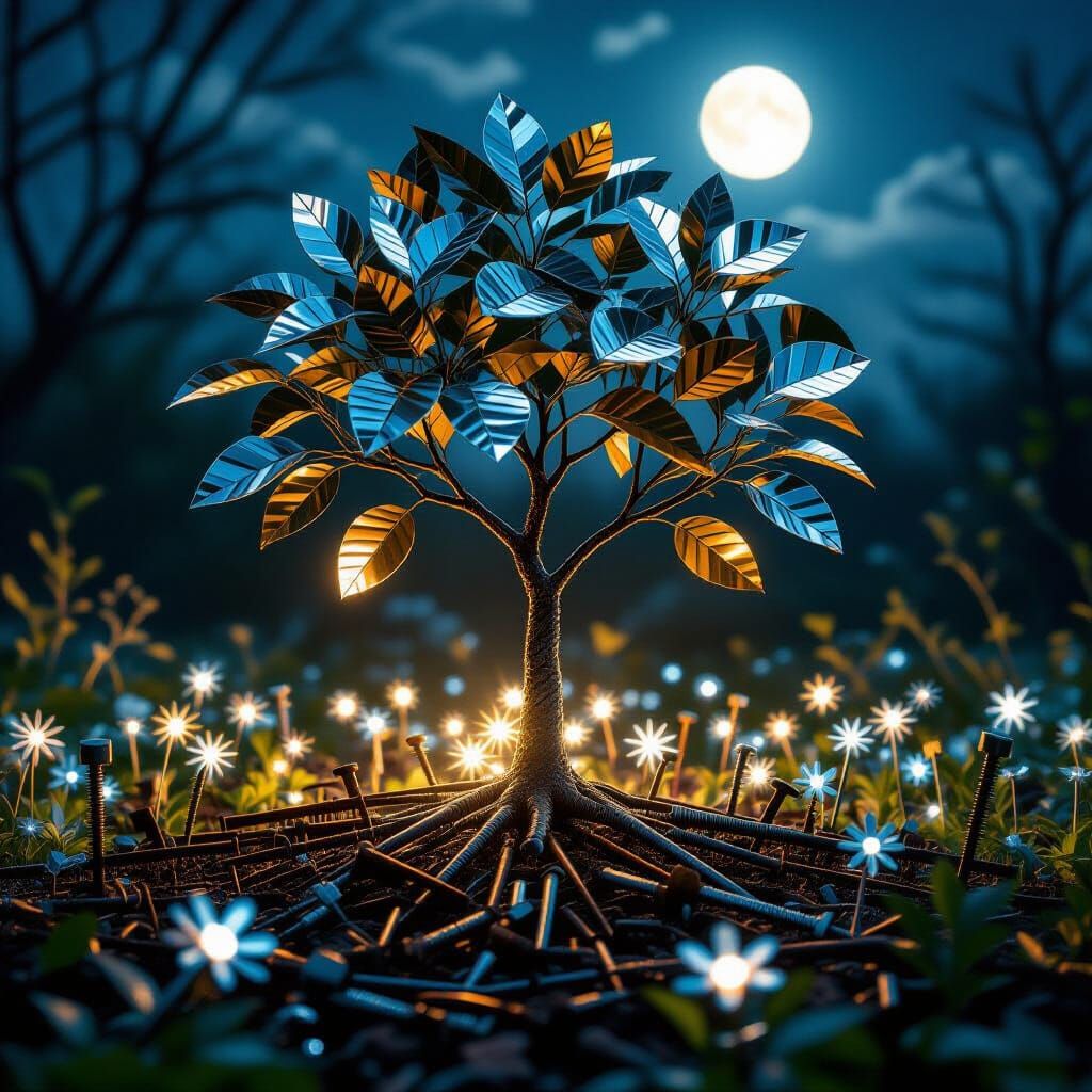 Metal Tree Blooming With Screws Under Moonlight