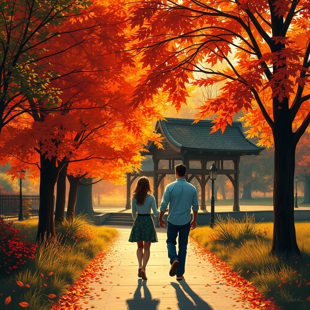 Couple Stroll Under Autumn Leaves in Painterly Style