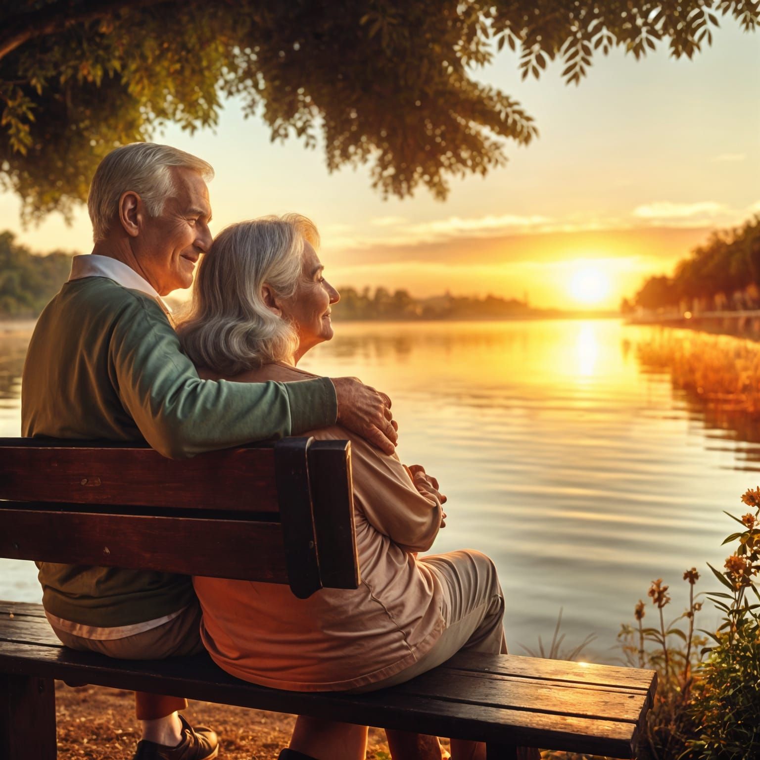 Elderly Couple Shares Sunrise on Lake