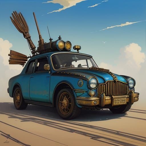 Steampunk Police Car in Vibrant, Dynamic Colors