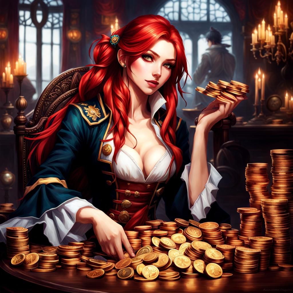Redhead Pirate Surrounded by Treasure, Fantasy Art