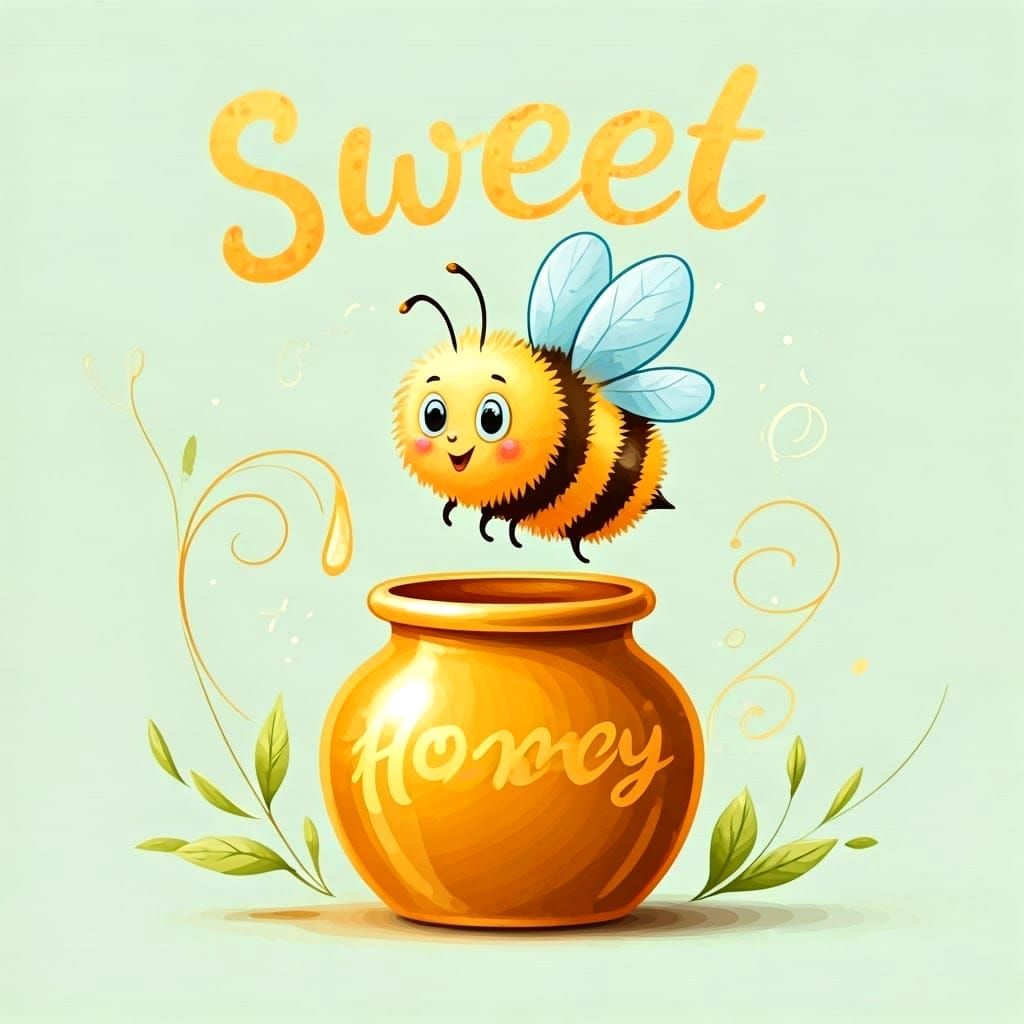 Whimsical Cartoon Bee in Honey Pot Scene