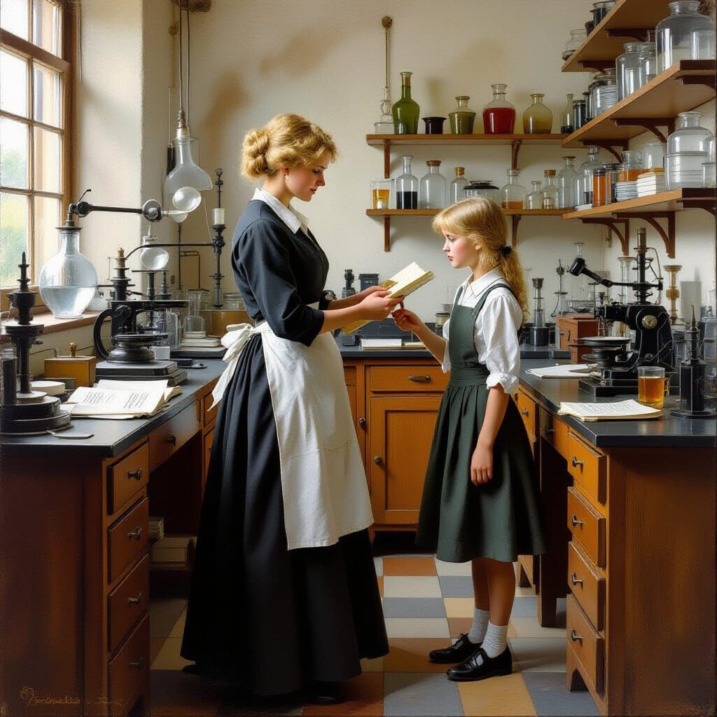 Marie Curie in Lab, Artistic Realism Style