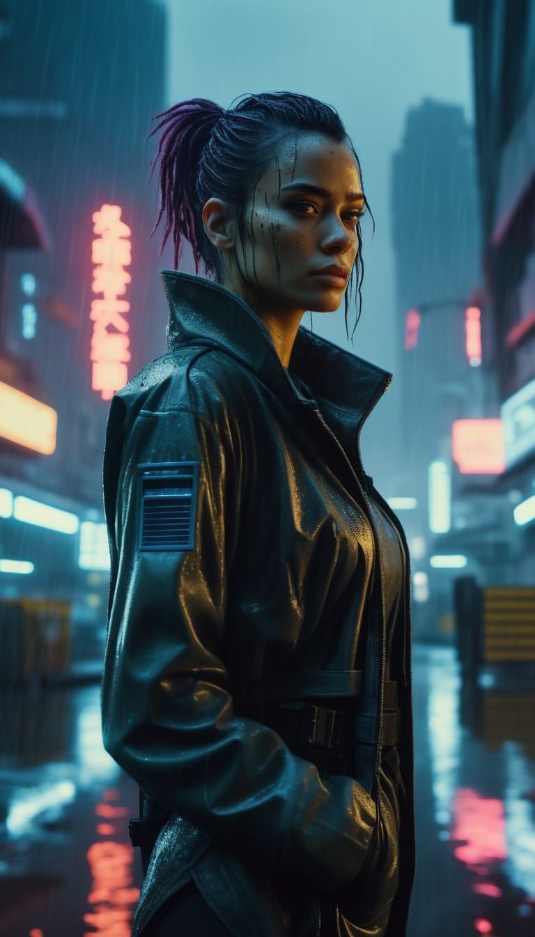 Cyberpunk Woman on Rainy City Streets