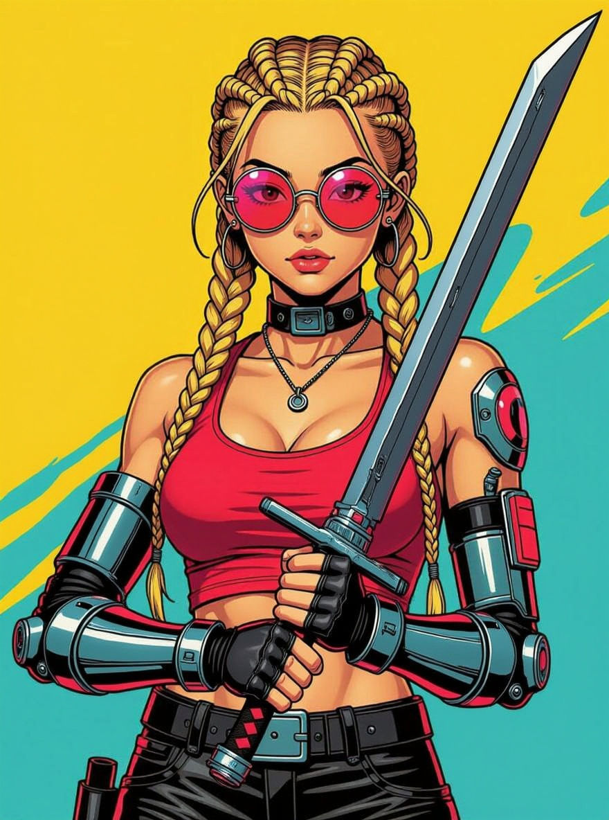 Cyberpunk Teen with Katana in Comic Book Style