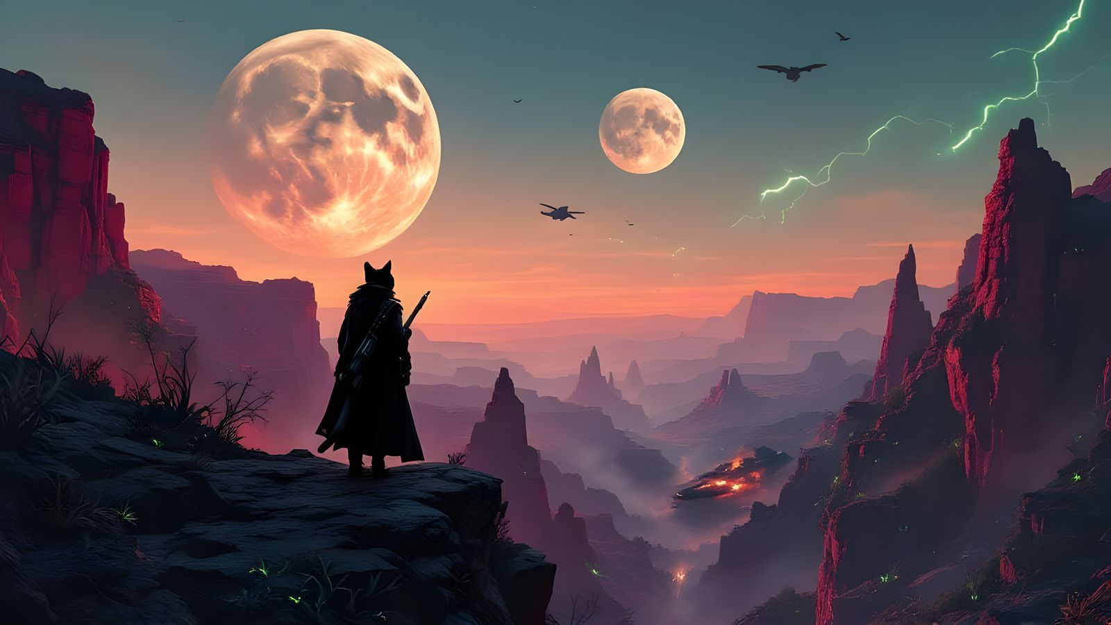 Cat Gunslinger on Alien Planet at Dusk