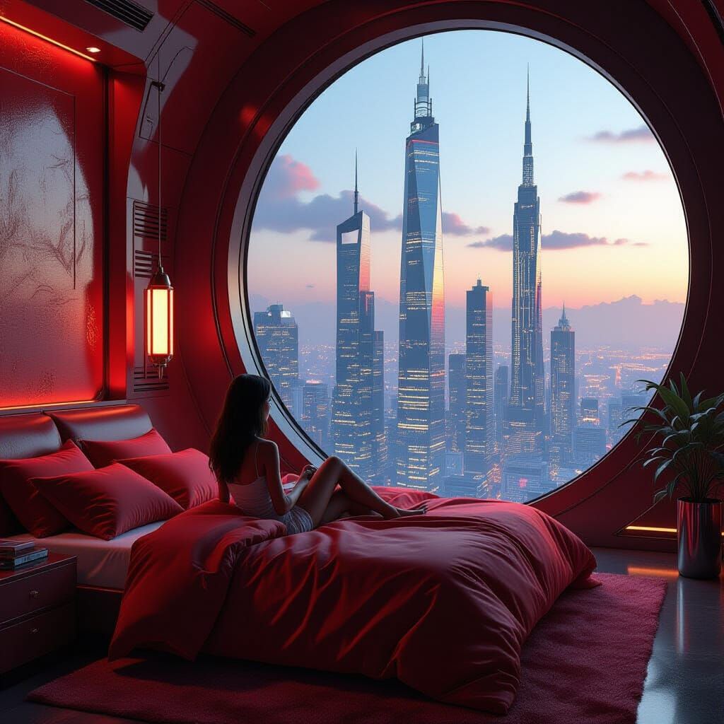 Luxurious Red Bedroom with Futuristic City View