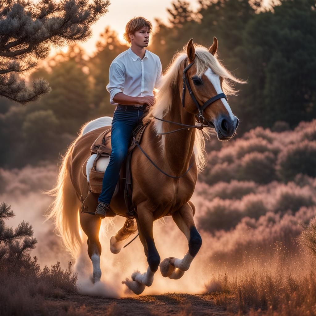 Boy on Haflinger Horse at Sunset in Heath