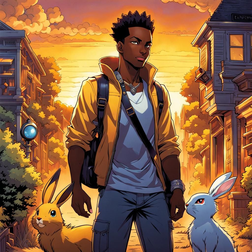 Black Man with Lopmon at Sunset in Comic Style