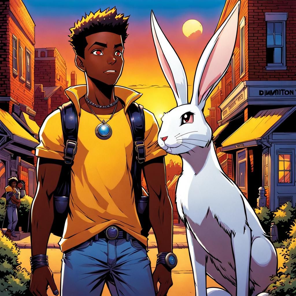 Black Man and Lopmon at Sunset, Comic Book Art