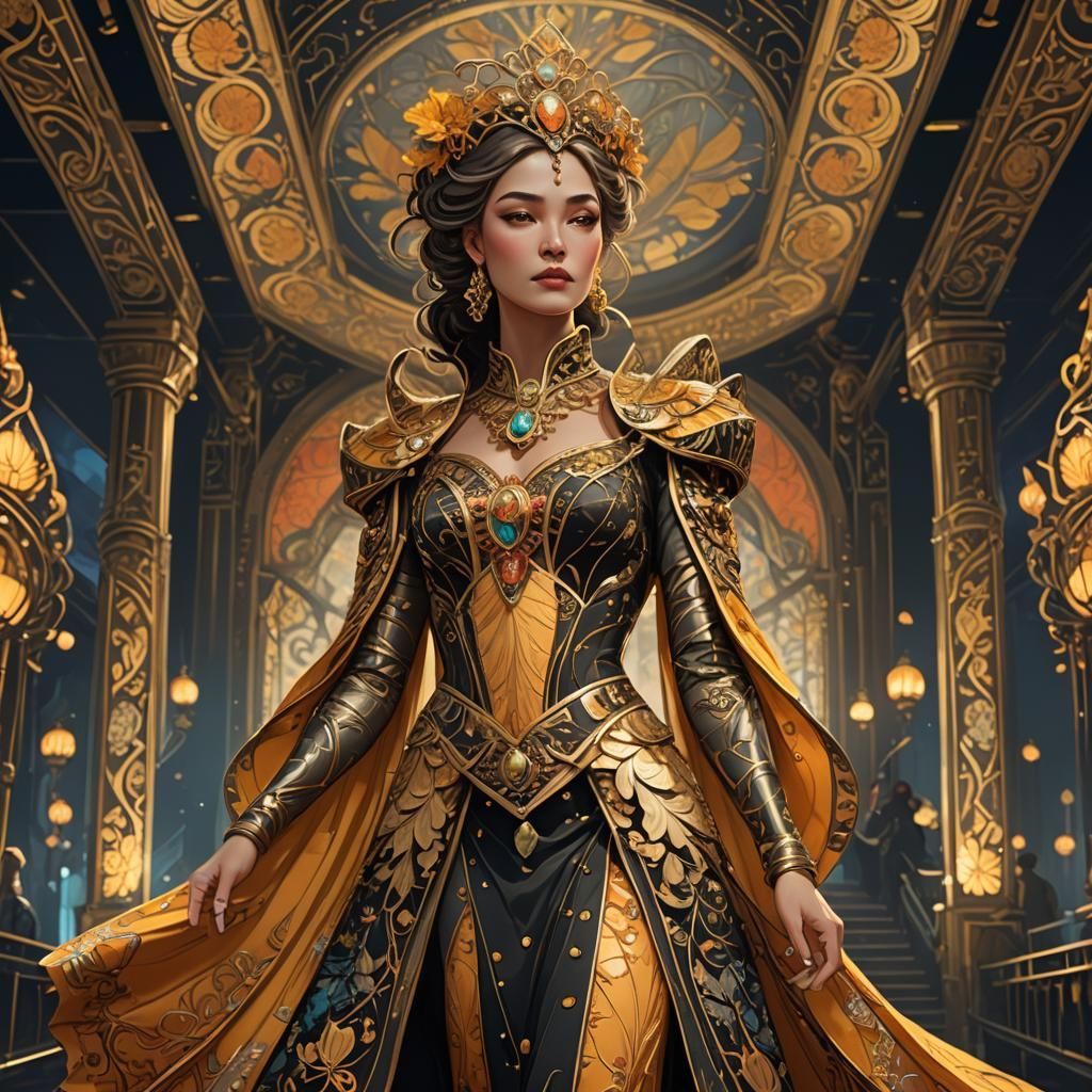 Art Nouveau Empress on Catwalk, Golden Dress