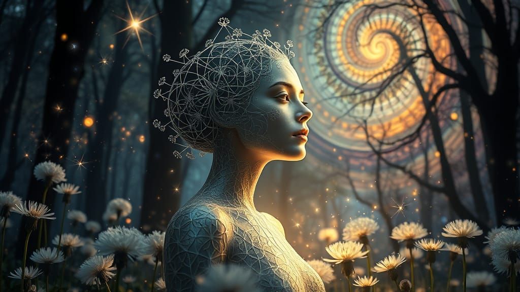 Ethereal Transhumanist Woman in Surrealist Forest