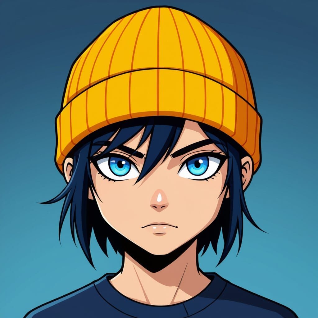 Stylized Character with Yellow Beanie and Blue Triangular Ey...