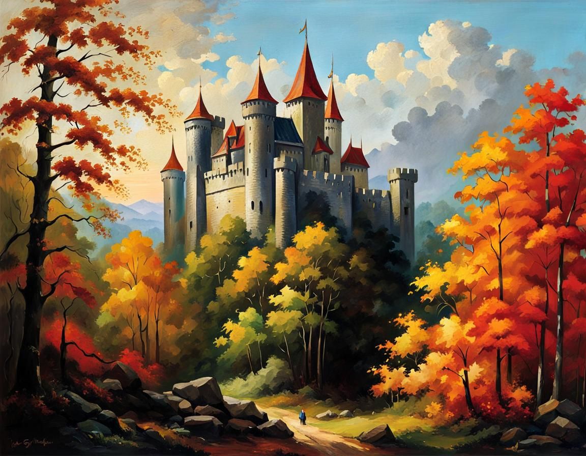 Medieval Castle with Gargoyle in Oil Painting Style