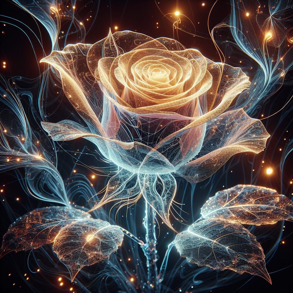 Bioluminescent Hologram of a Rose with Gold Dust
