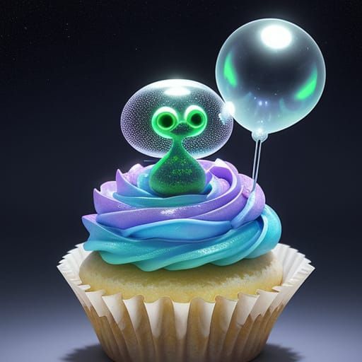 Alien Offers Spectral Cupcake in Surreal Golden Hour
